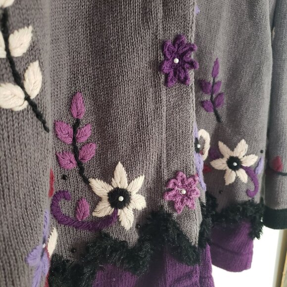 Vintage 90s Storybook Knits Purple Floral Embroidered Cardigan Sweater Size M - Picture 3 of 6